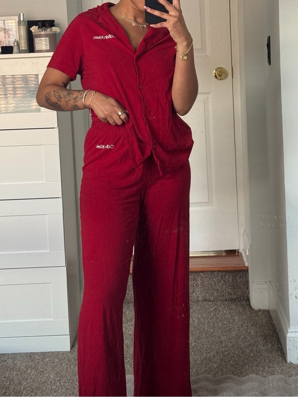 Calvin Klein Red Short-Sleeve Wide-Leg Jumpsuit